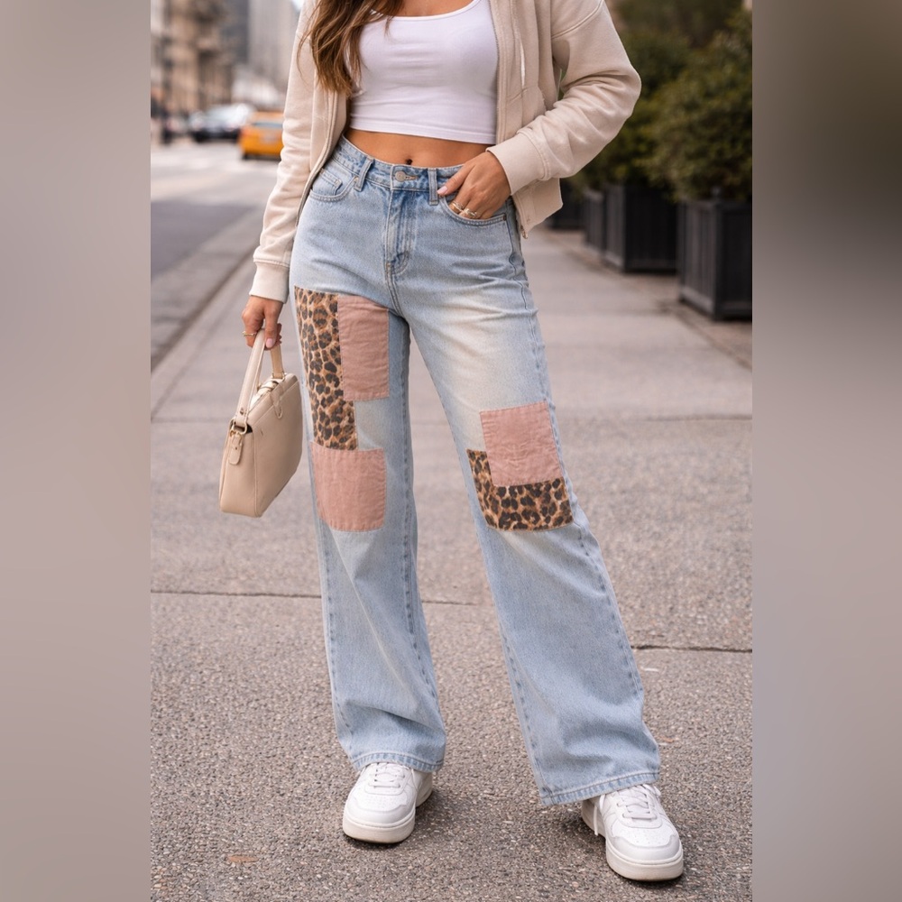 Vintage Y2K Patchwork Jeans Leopard Print Panels Indie Grunge Denim